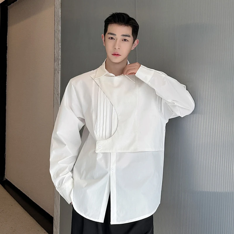 IEFB Korean Shirt Long Sleeve Male Shirts 2024 Summer Men\'s Lapel Single Breasted Solid Color Men Clothing Fold Spliced 9C5544