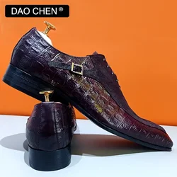 Luxury Brand Men Oxford Shoes Lace up Split Toe Brown Black Mens Dress Shoes Suede Mix Crocodile Print Leather Shoes Men