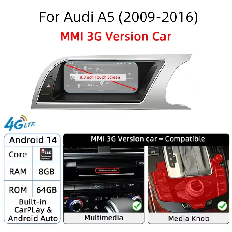Android 14 CarPlay Radio for Audi A4 B8 A5 2008-2016