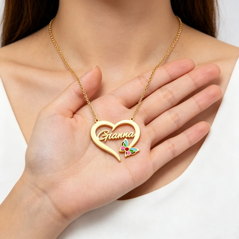 Custom Name Rainbow Butterfly Necklace Stainless Steel Jewelry Personalized UV Printing Name Heart Necklace Women Best Gifts