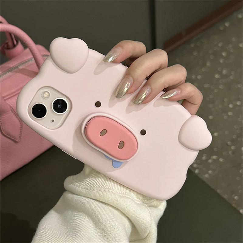 Cute Cartoon 3D Pig Nose Bracket Silicone Pink Phone Case For iPhone 14 13 12 11 Pro Max Ins Korea Lovely Shockproof Soft Cover