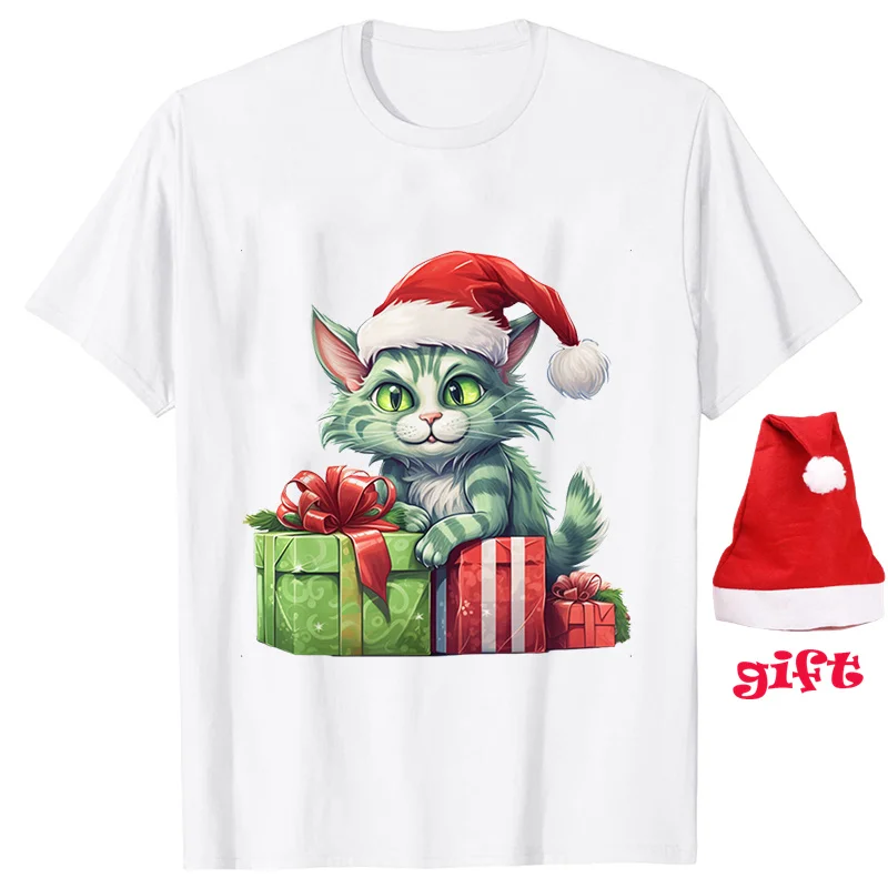 Women's T-shirts Cute Cat Print Party Tees with Christmas Hats Gift Casual Female Clothing Harajuku Y2K Hip Hop Xmas Tops