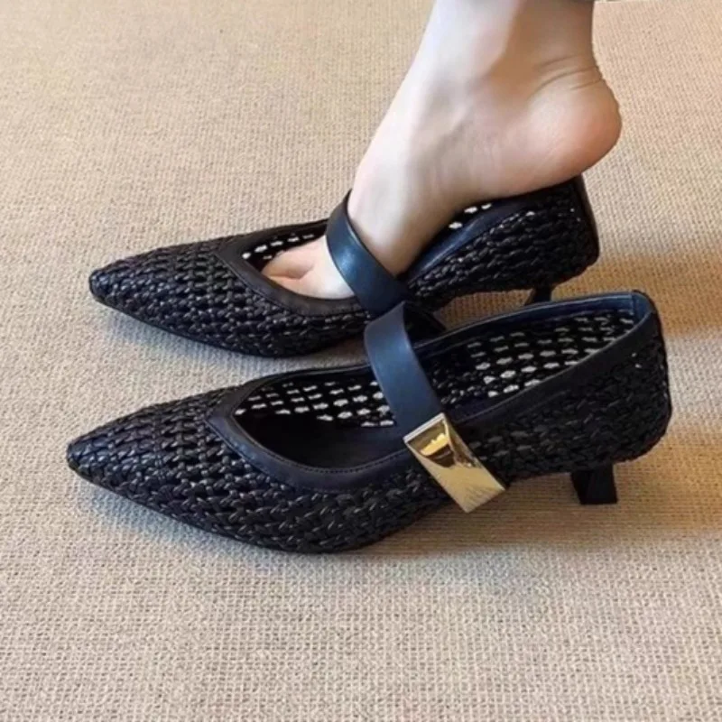 

Retro French Pointed Toe High Heels Women's Slip-On Shoes Thin Heel round Head Korean Style