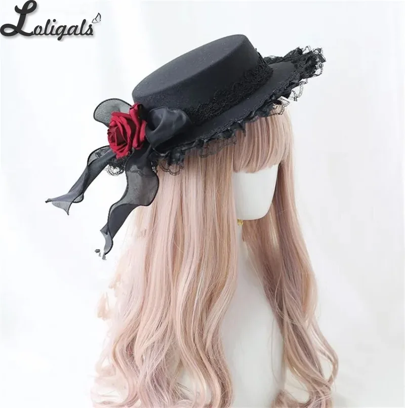 قبعة الدانتيل القوطية الرجعية للفتيات ، قبعة مسطحة ، لوليتا ، وردة ، زهرة ، شريط W