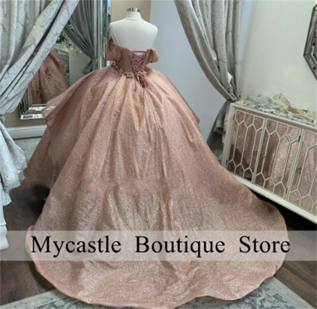 Sparky Rose Gold 3D Flowers Off the Shoulder Quinceanera Dress 2024 With Ruffles Princess Ball Gown for Sweet 16 Dress Lace-up