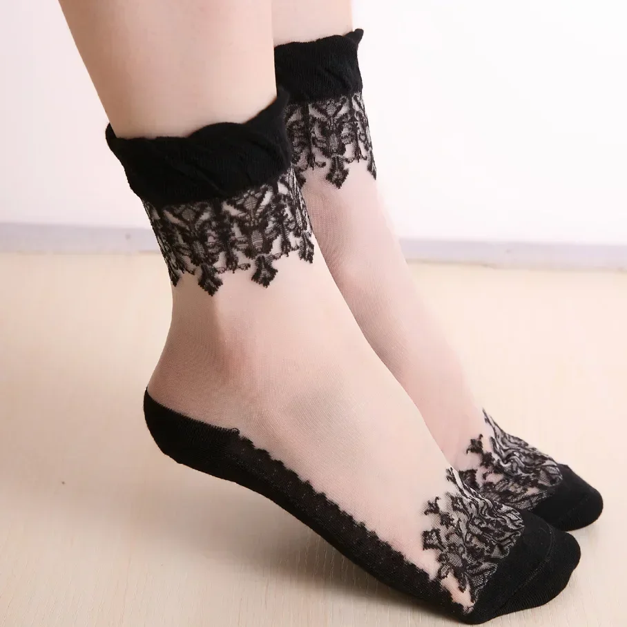 Women Lace Ruffle Ankle Sock Soft Comfy Sheer Silk Cotton Elastic Breathable Socks Mesh Transparent Knit Female Socks