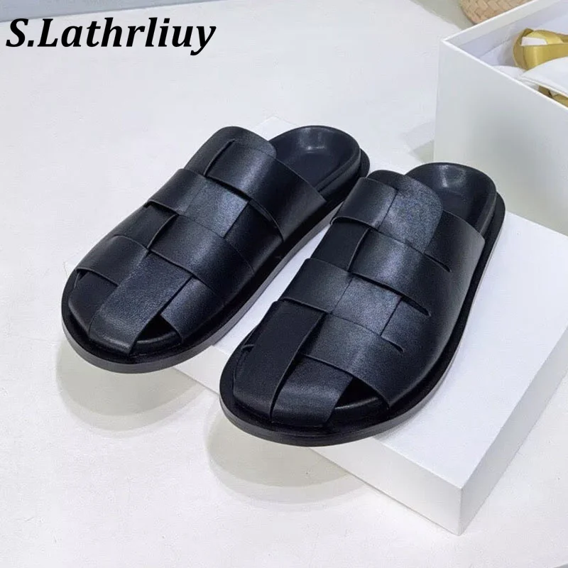 Summer women's solid color genuine leather simple office commuting slippers lightweight and comfortable vacation casual shoes