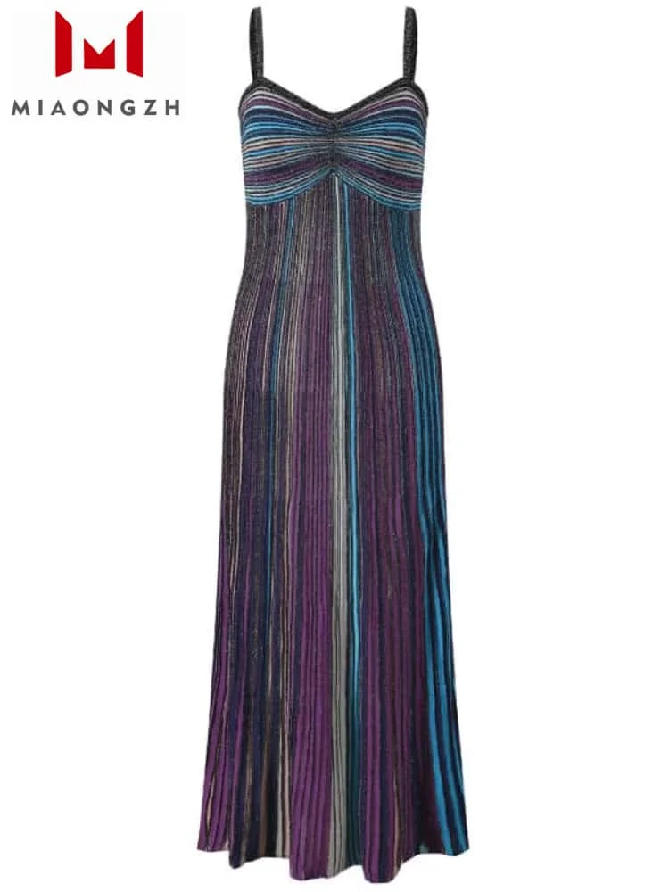 

2025 Summer New Temperament Striped Long Knitted Dresses Women's V Neck Sleeveless Slimming Female Fashion Sling Party Robe Sexy