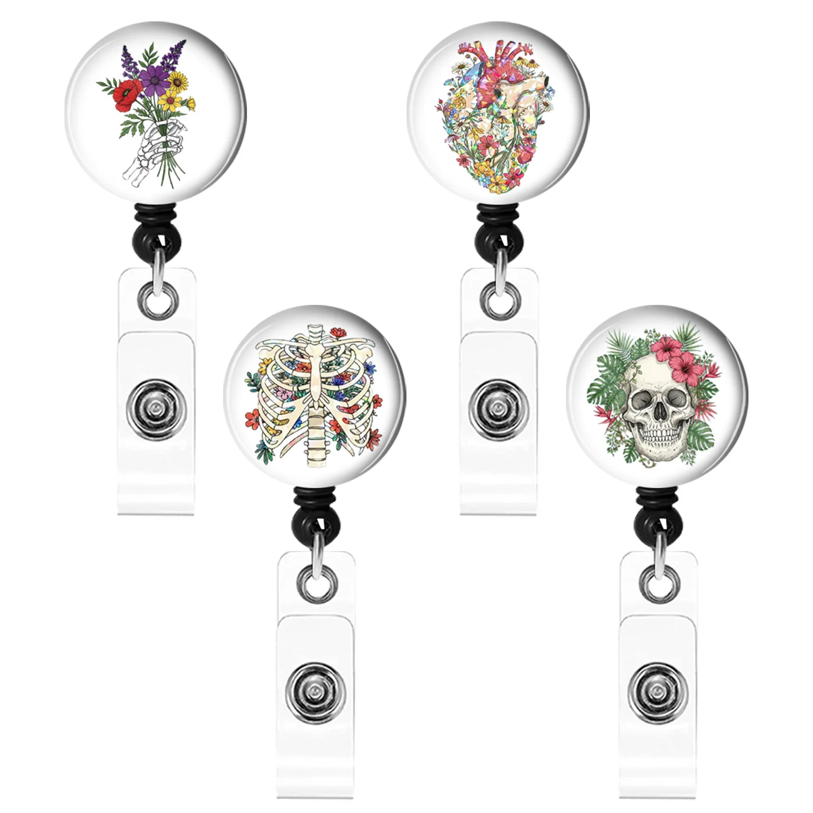 

Creative Dispensing Skull Flower ID Badge Holder Medical Rotating Retractable Drop Glue Badge Reel For Doctors Nurses Students