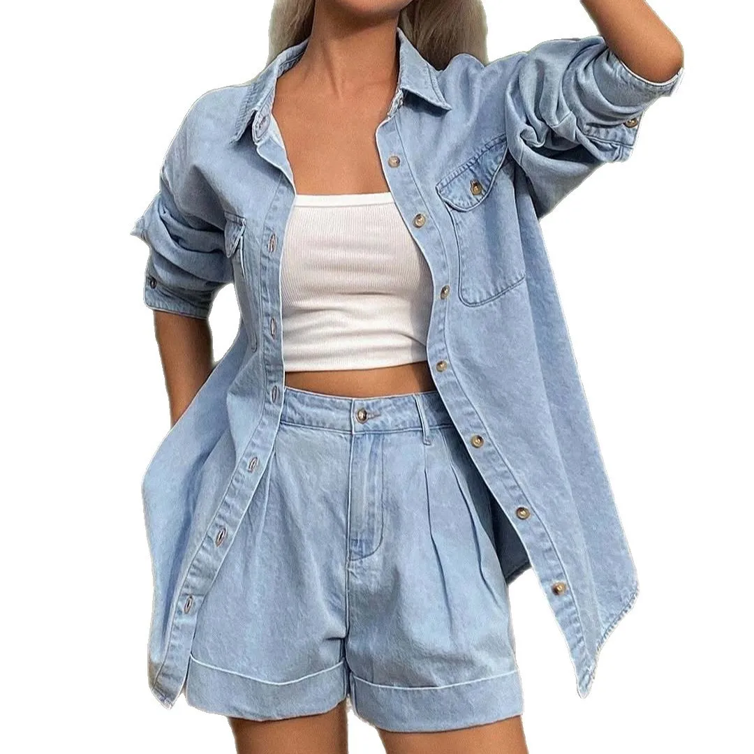Relaxed Fit Set Casual Urban Streetwear with Wash Treatment Pocket Three Quarter Pants 3 4 Length Pants Casual Wear Women Shorts