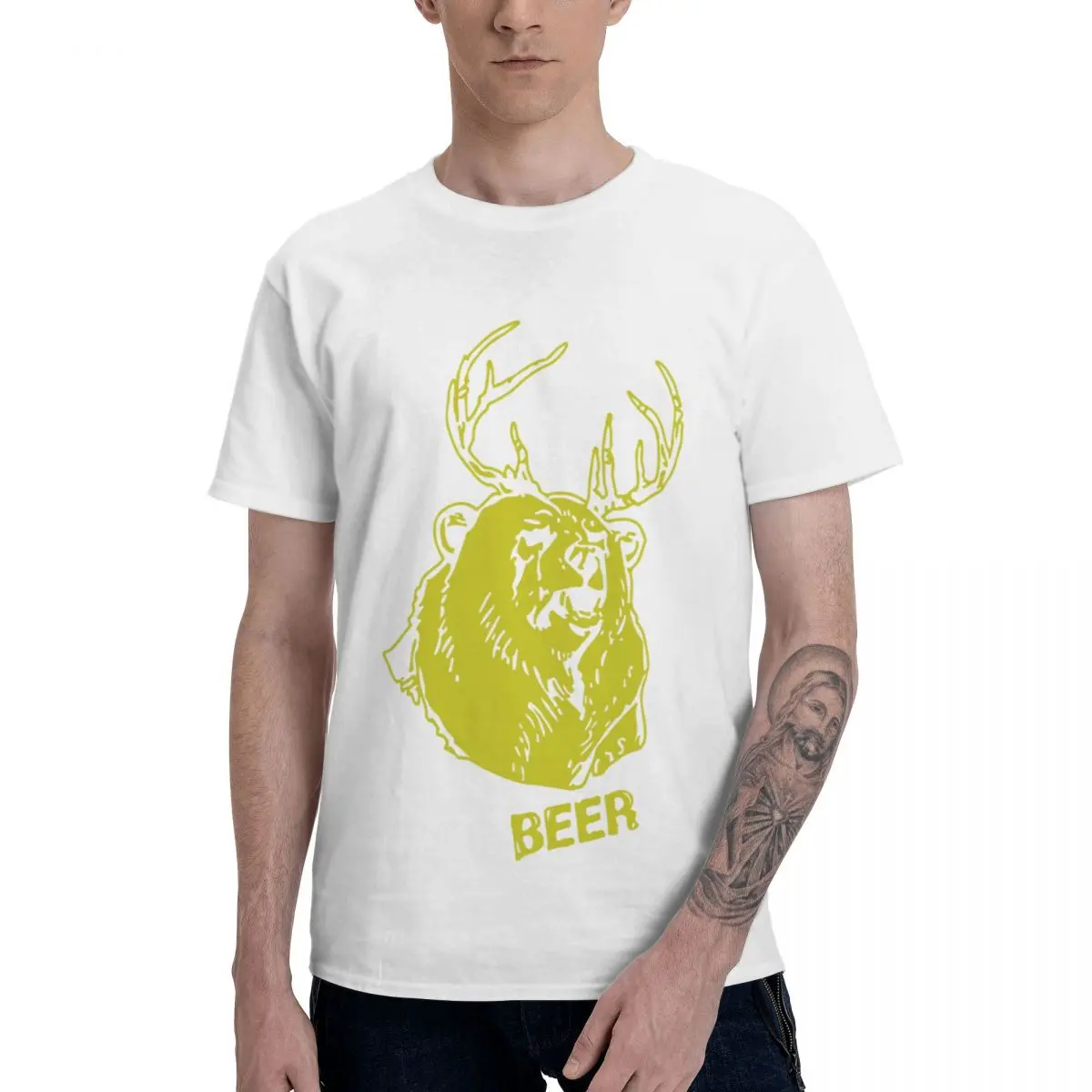 Fashion Macs Bear Plus Deer T-Shirts Pure Cotton Crewneck Male T Shirt Short Sleeve Oversized Unisex Tee Tops