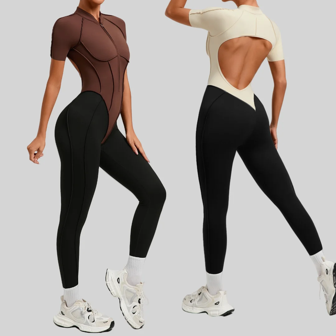 

Tight Peach Hip Yoga Jumpsuit Color Block Backless Removable Padding One-Piece Running Workout Clothes Gym Leggings Sportswear
