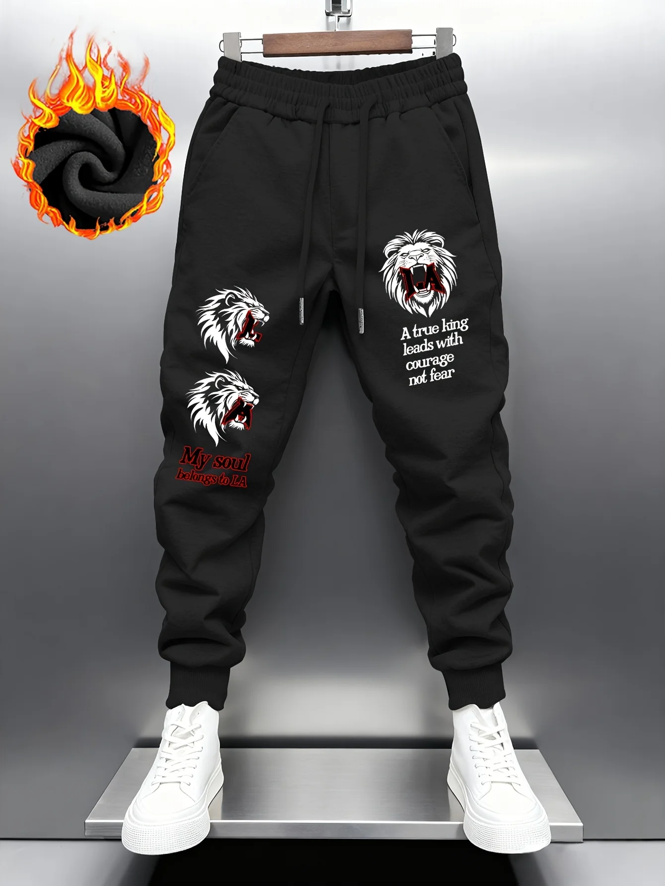 King spirit street‑wear wild lion graphic LA slogan quote artwork print sweatpants men hip hop sports jogger trousers