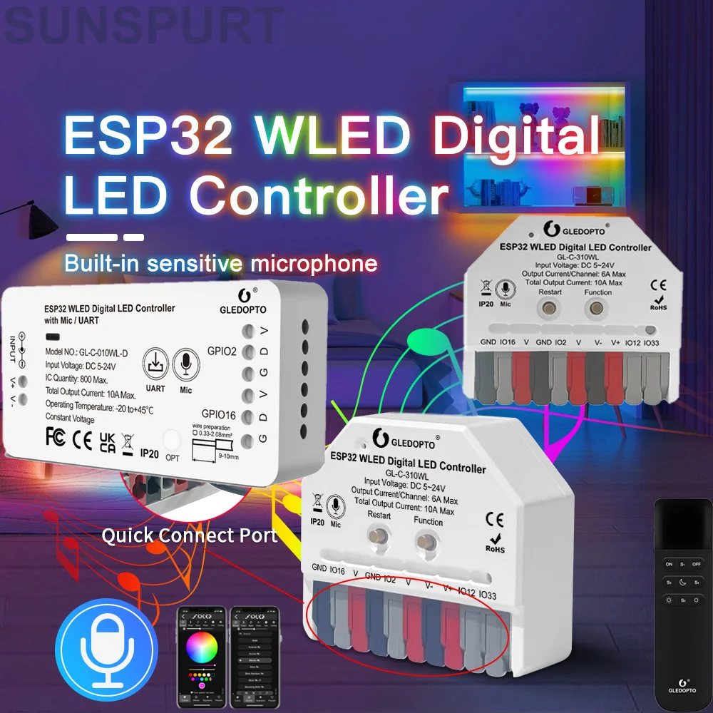 

1-10PCS ESP32 8266 Mini WLED Controller LED Gledopto Music Dynamic Modes Use for WS2811 WS2812 SK6812 TM1814 WS2813 WS2815 Strip