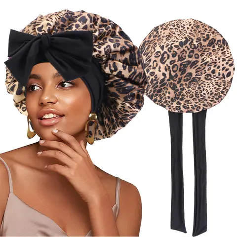 New Flower print Silky Bonnet For Sleeping Satin Hair Bonnet With Tie Band Hair Cover Night Shower Cap For Natural Curly Hair
