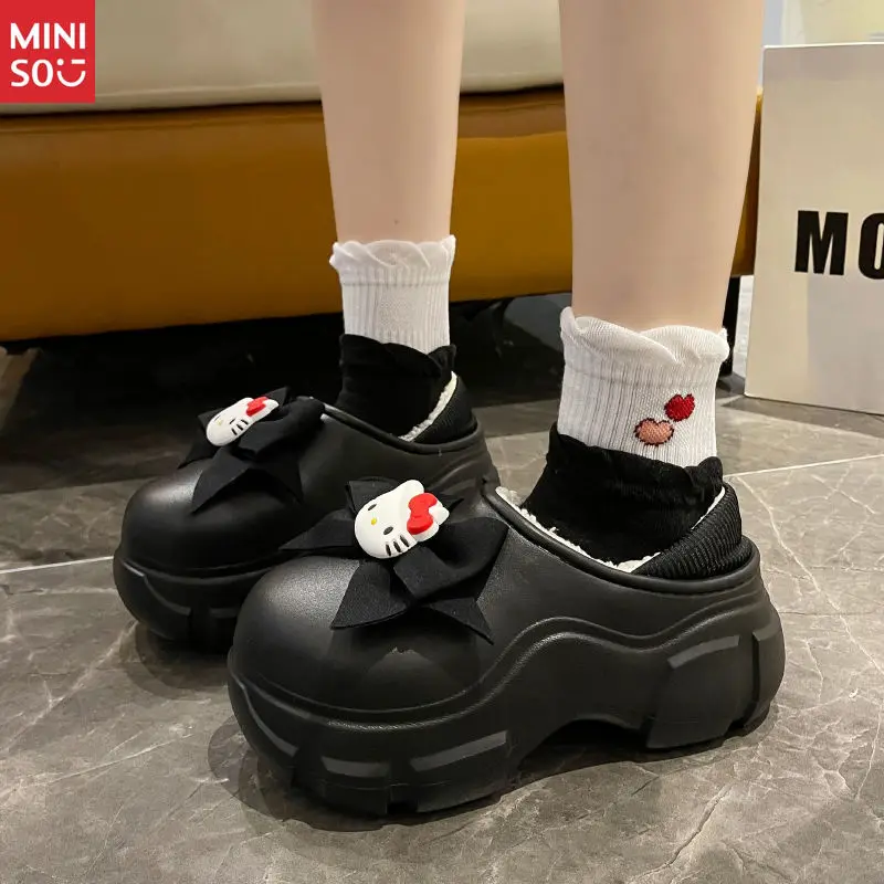 

Miniso 2025 Hello Kitty Plush Slippers for Women, Autumn Fleece Lined Thick Sole Anti-Slip Warm House Shoes