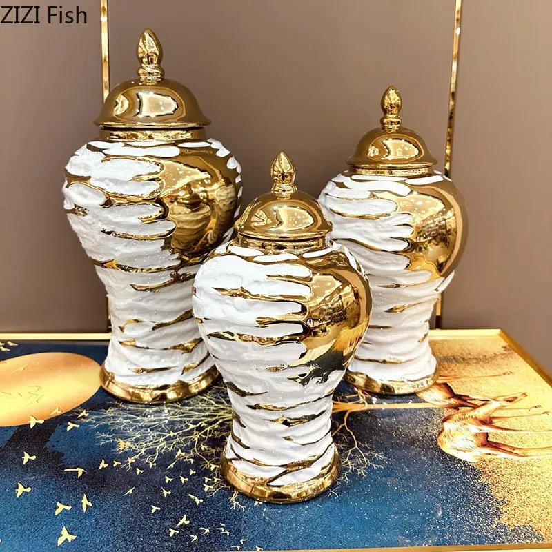 

Golden Splash Stripe Ceramic Storage Tank Gold-plated Ginger Jar Dresser Table Jewelry Organizer Box Cosmetics Container