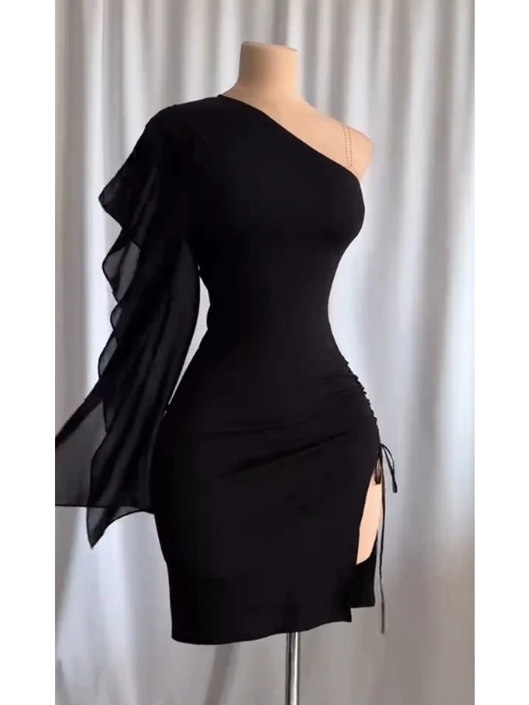 جديد واحد الكتف الأكمام Bodycon حزب فستان قصير أنيق مثير الرباط المرأة مائل طوق أسود مساء فساتين لحضور الحفلات الموسيقية