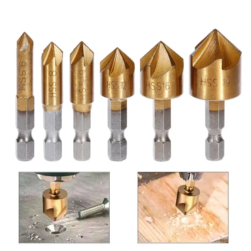 3Pcs Countersink Drill Bit Set 1/4'' Hex Shank HSS 5 Flutes Countersink 90 Degree Wood Chamfering Cutter Chamfer 6mm-19mm