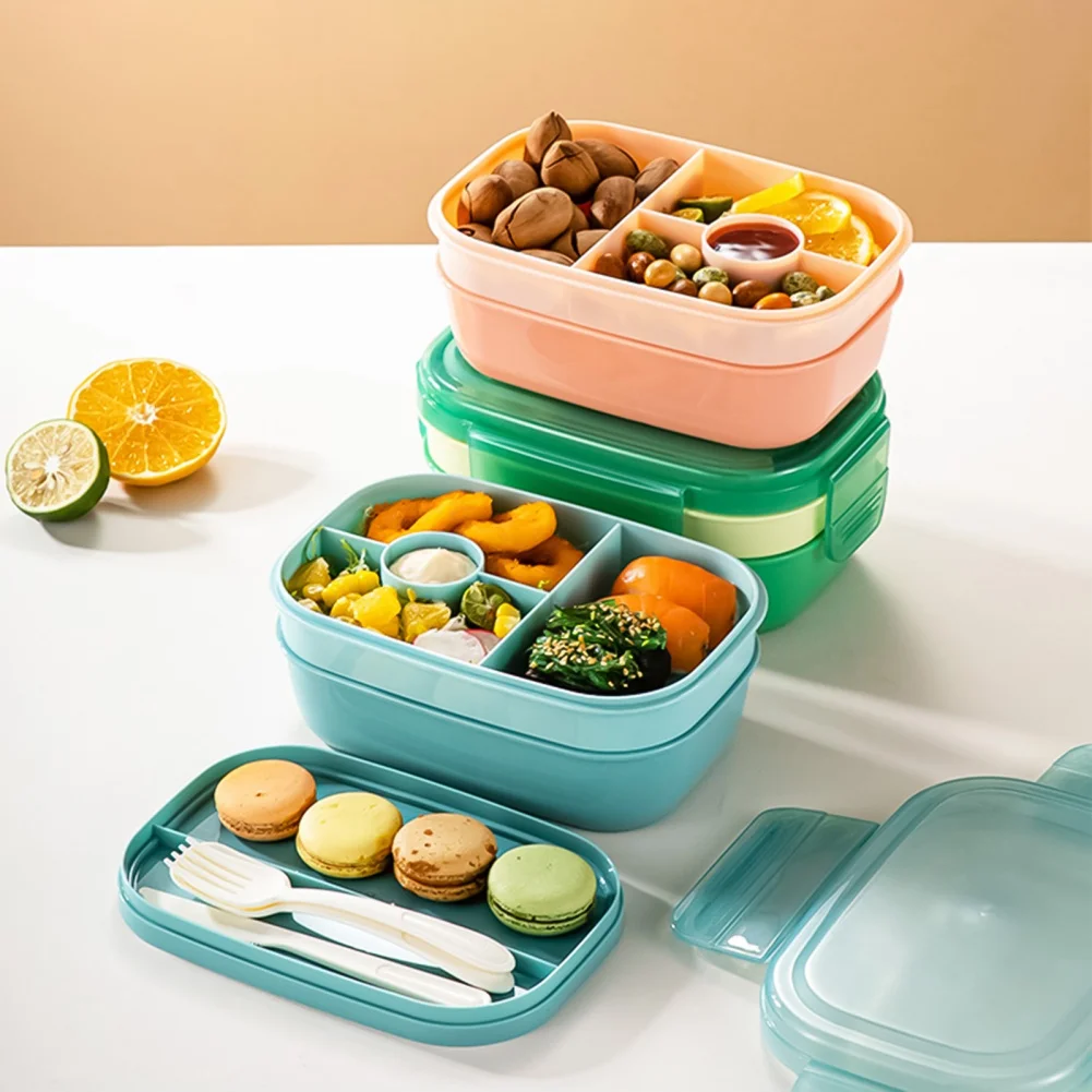 Stackable Bento Box Microwave Lunch Box 3 Layers All-in-One Lunch Containers with Cutlery Set Multiple Grid for Adults & Kids