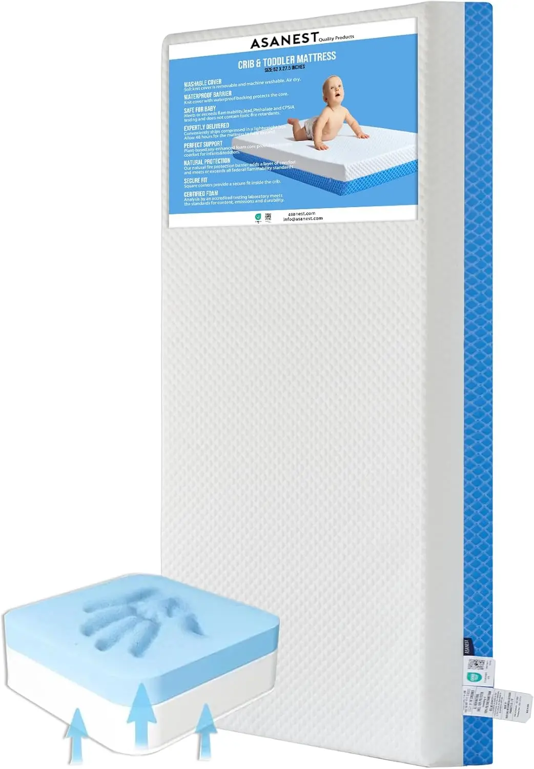 Dual Sided Gel Memory Foam Crib Mattress, Breathable, Removable Cover, Standard 52x27.5x5 Inches