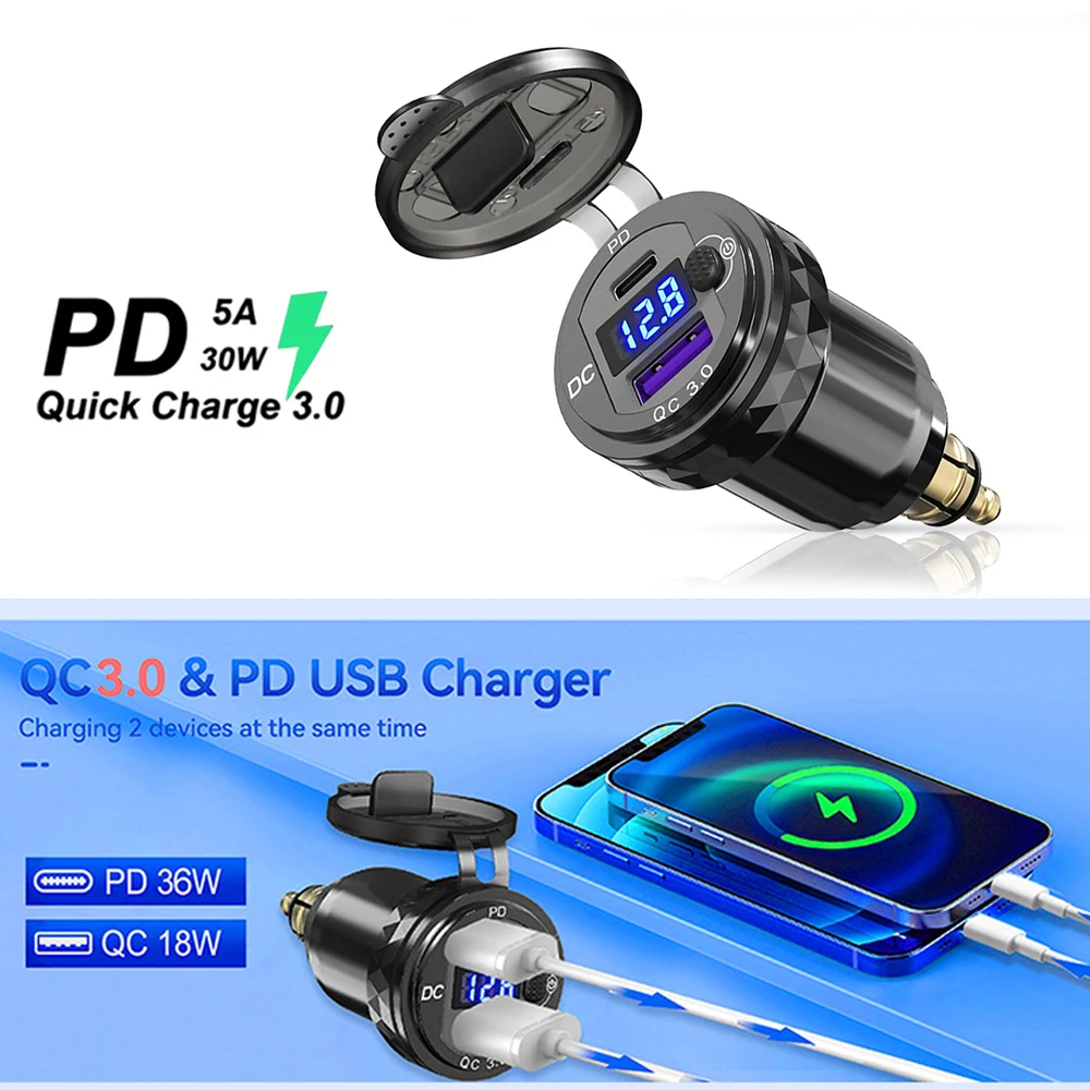 

Для мотоциклов Triumph Tiger 900, BMW R1250GS, R1300GS: Быстрое зарядное устройство 36W PD3.0 QC3.0 USB Type C PD с адаптером питания Hella DIN Plug