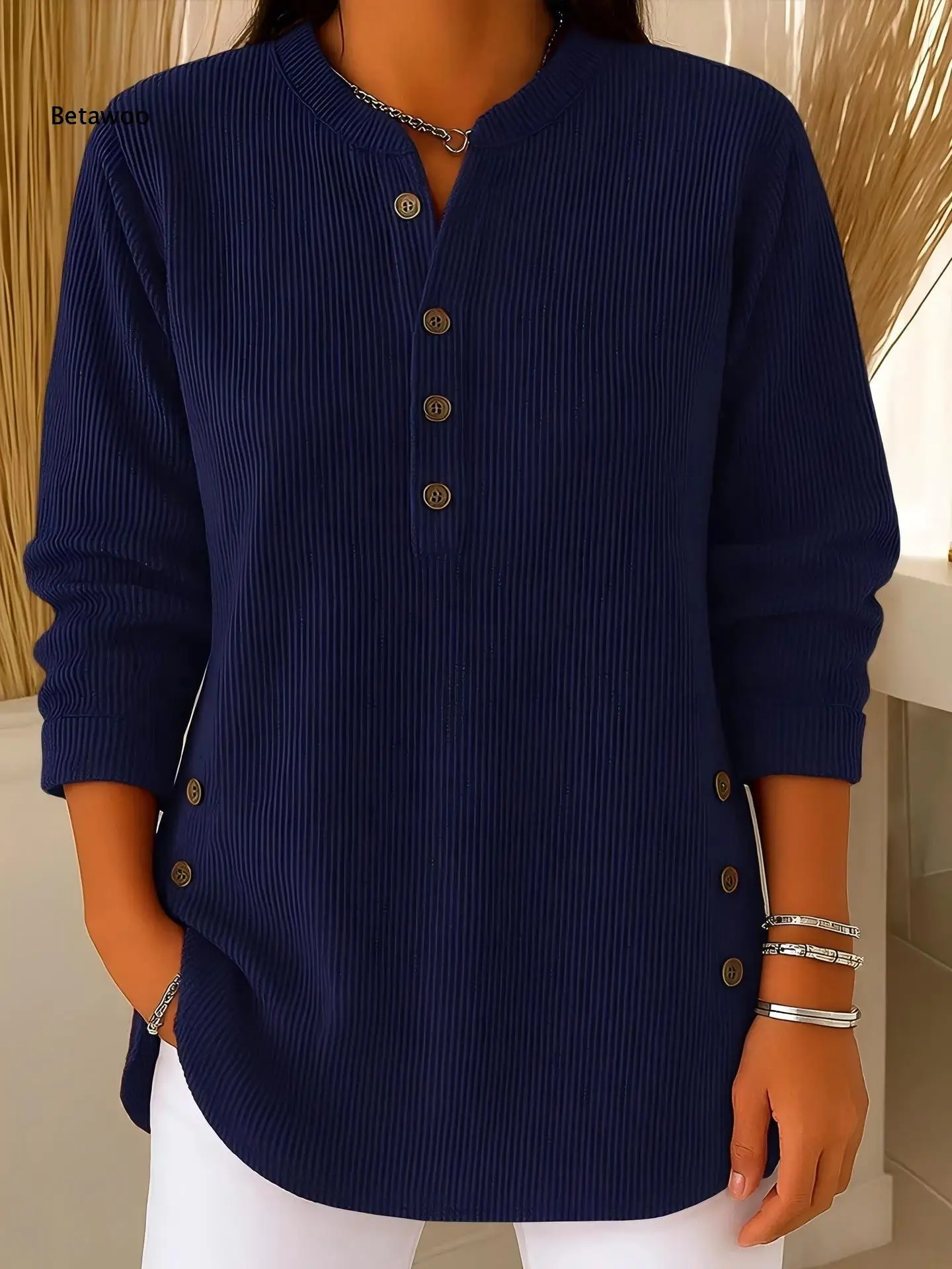 Daily Casual Ribbed Knit Tunic Navy Stand Collar Four Front Buttons Dual Side Button Slit Curved Hem Long Sleeve Blouse
