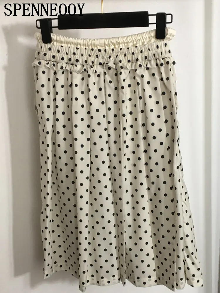 Spenneooy Fashion Runway Summer Party Casual Polka Dot Print Knee-Length Skirt Women\'s Drawstring Waist Slim A-Line Long Skirt