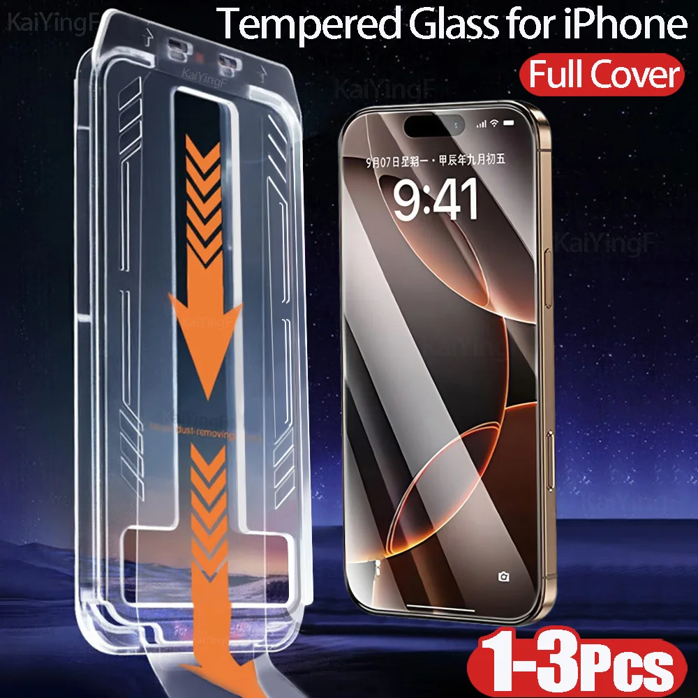 1-3 uds cubierta completa de vidrio templado para iPhone 16 15 14 13 12 11 Pro Xs Max X XR Protector de pantalla con película de caja de instalación sin polvo