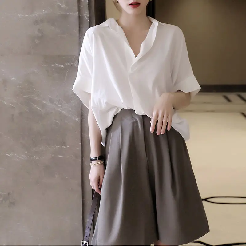 2023 Women\'s Clothing Thin Blouses Shoulder Drop Loose Turn-down Collar Solid Color Button Simplicity Office Lady Casual Elegant