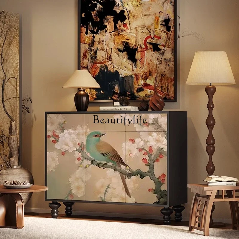 

LXFrench medieval solid wood painted flower and bird locker, storage cabinet next to the sofa in the living room entrancesss