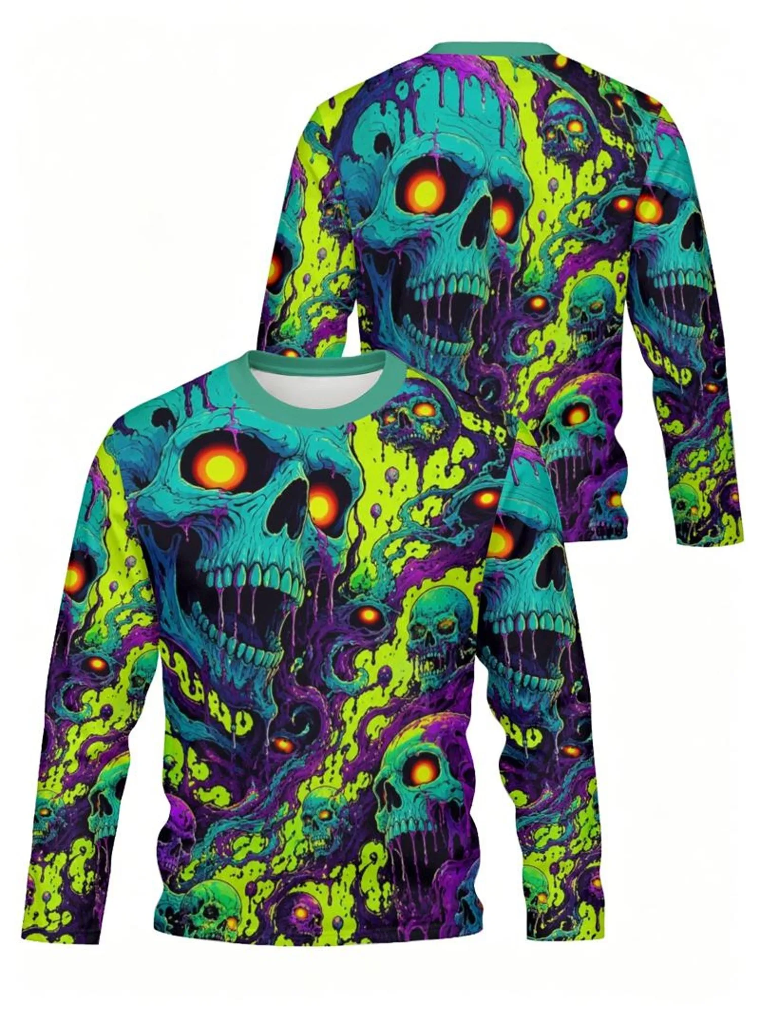 Men Halloween 3D Print Long Sleeve Sweatshirt Neon Slime Skull Pattern Crew Neck Pullover Casual Party Streetwear Tops