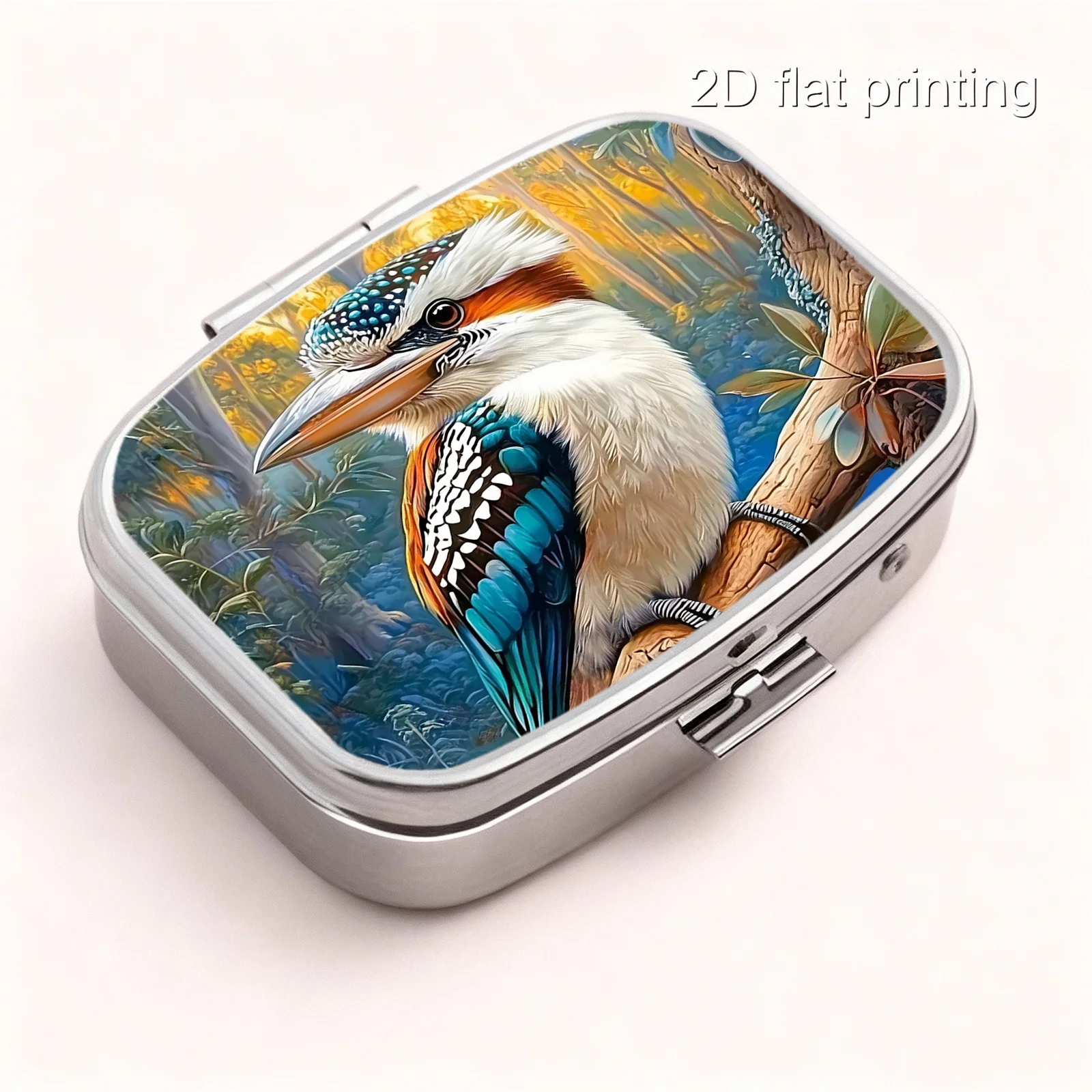 Woodland Robin Natural Habitat Pattern, Square Two-Compartment Small Pill Box, Portable Medicine Storage, Small Jewelry Storage, Suitable for Handbags or Travel, Elegant Design, Polished Finish