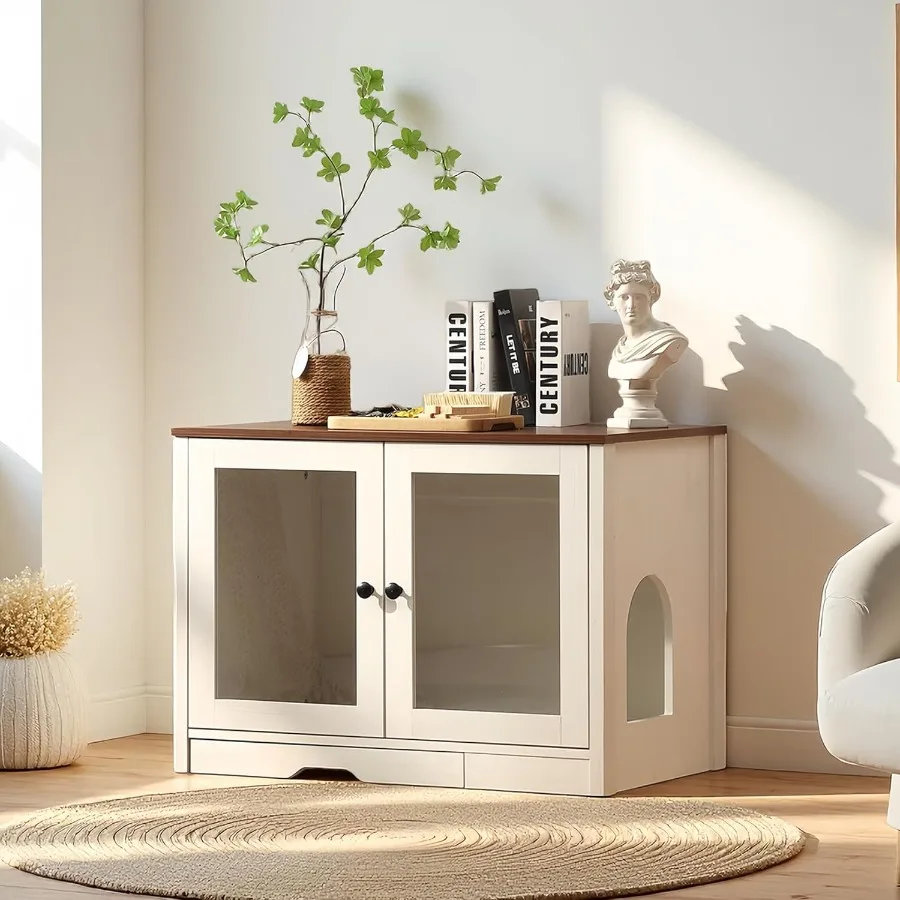 

Корпус кошачьего туалета с удобным коллектором туалета и стеклянными дверцами для кошачьего туалета для использования в помещении Деревянный уютный домик для домашних животных в W