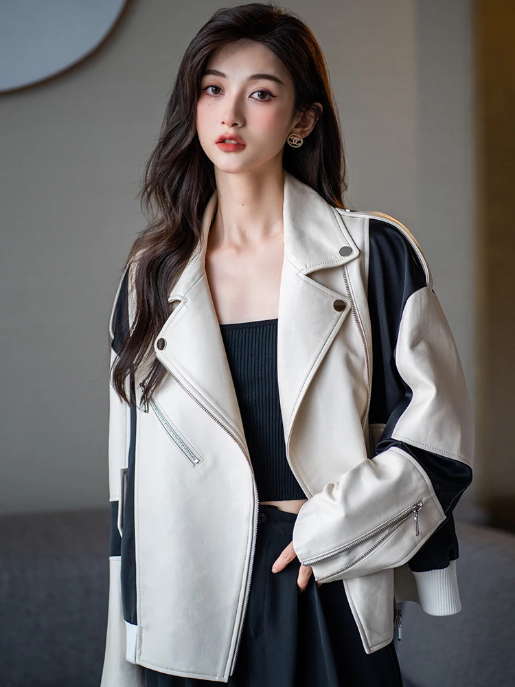 ผู้หญิงฤดูหนาว Sheepskin Coat สีเขียวสีดําสีขาว Splicing เสื้อแจ็คเก็ตหนังฤดูใบไม้ร่วงหลวมหัวรถจักรผู้หญิงเสื้อแจ็คเก็ต