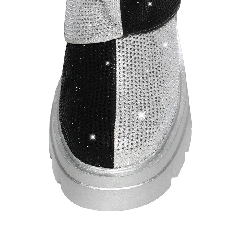 Onlymaker Women Fold Over Rhinestone Trim Boots Round Toe Handmade Female Side Zipper Mid-Calf Boots