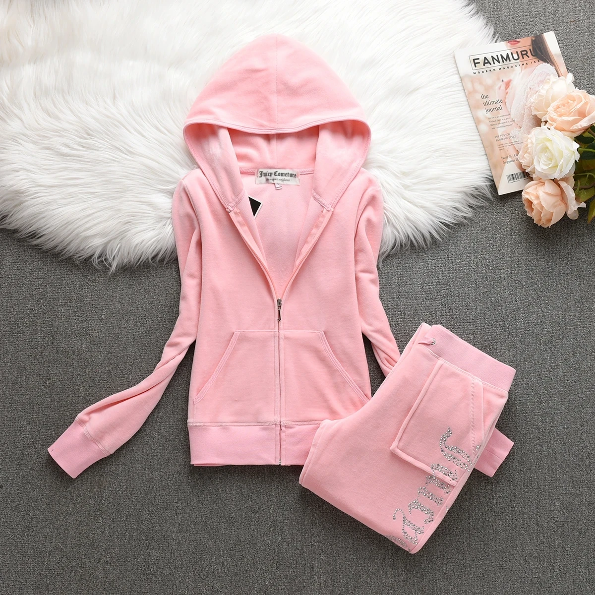 Velvet Tracksuit Juicy Cometure Original Velvet High J Zipper Hooded Sweatshirt + Trousers Women Casual Hooded Sweatshirt Set