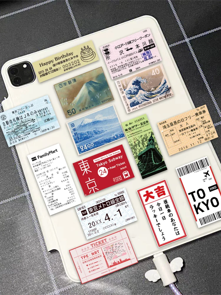 60PCS INS Style Stamp Sticker Japanese Postcard Ticket  Stationery Travel Diary Luggage Waterproof Helmet  Stickers