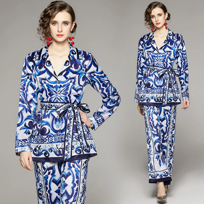 Blouse Shirt Coat + Wide Leg High Waist Pant Women Autumn Suit Fashion Female Trousers Sets 2 Pieces Sets Women Loose Clothing