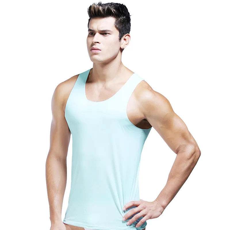 Men\'s Ice Silk Sports Seamless Solid Color I-Shaped Sweat Vest Single-Piece Sleeveless Tight Fitness One-Piece Bottoming Shirt