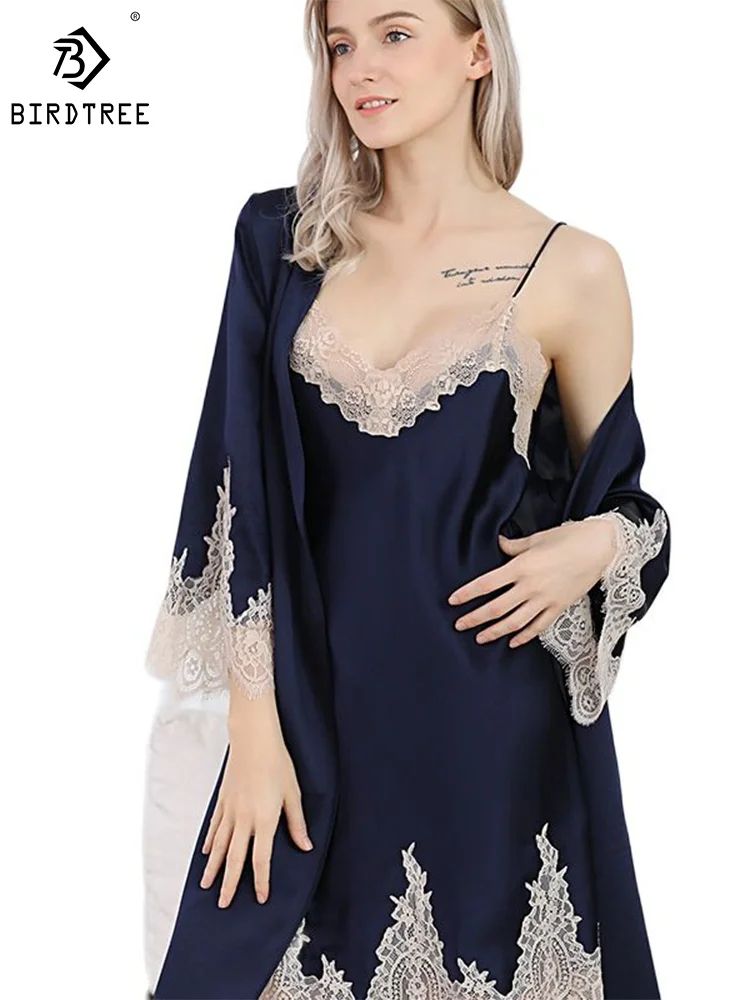 

Birdtree, халат из 100% натурального шелка, комплект ночной рубашки, домашний костюм, кружевное постельное белье, ночная рубашка, женская домашняя одежда, ночное белье 2023, S37113QM