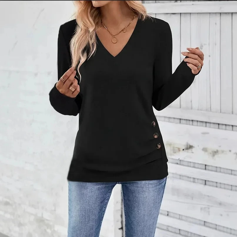 

V-neck Side Button Long-sleeved Spring Summer Versatile Solid Color Slim Office Top Women's Knitted Comfortable T-shirt