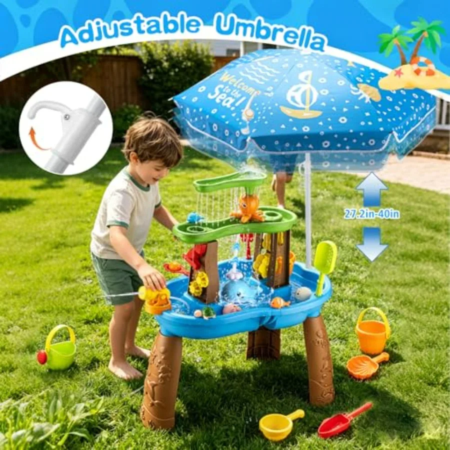 Outdoor toddler water table with umbrella fishing game set, BPA-free plastic, blue and yellow, auto electric pump for easy setu