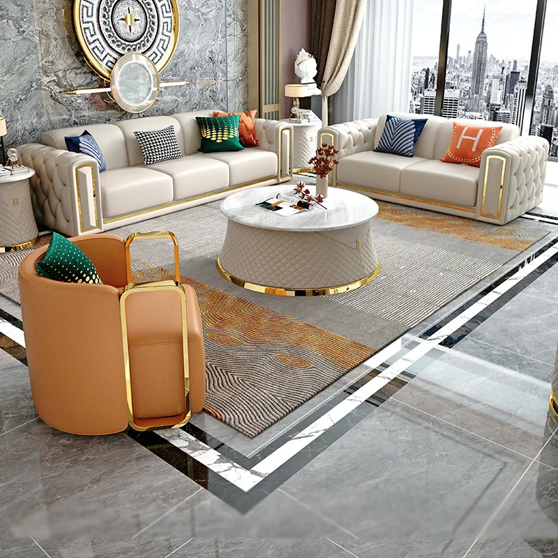 

Leather sofa living room modern light luxury large and small flat-floor villa straight row