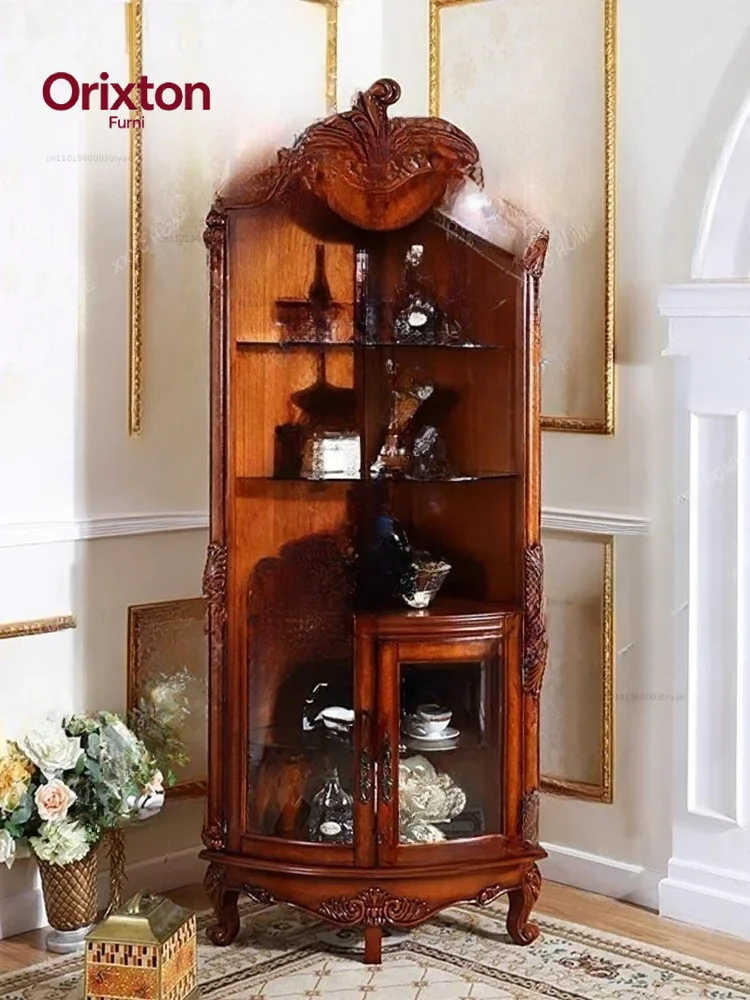 xzAmerican Solid Wood Corner Cabinet Triangle Living Room Glass Wine Cabinet Retro European Corner Cabinet