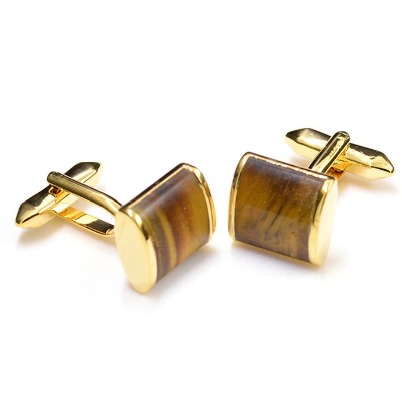 New Tiger Eye Stone Yellow Cufflinks for Men\'s Business Party Shirts with Metal Buttons Cuff Accessories Friends\' Birthday Gifts