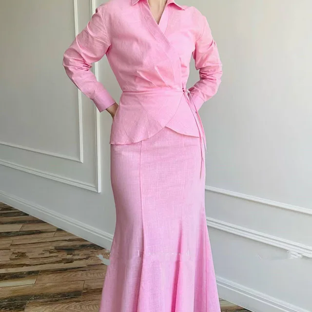 

Spring Fashion Muslim Sets Casual Slim Fit Blouse Shirt +Blank Midi Skirt Suit for Women Two Piece Set