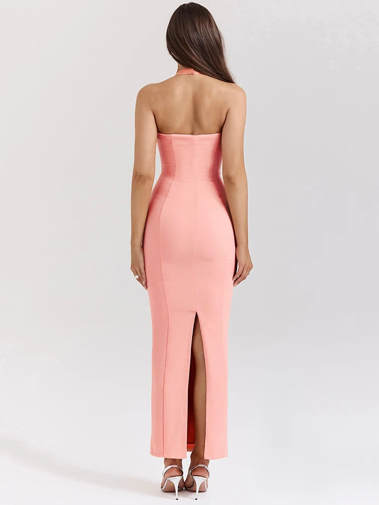 Mozision Strapless Halter Sexy Maxi Jurk Voor Vrouwen Mode Uitgesneden Mouwloze Rugloze Bodycon Club Feest Lange Jurk Elegant