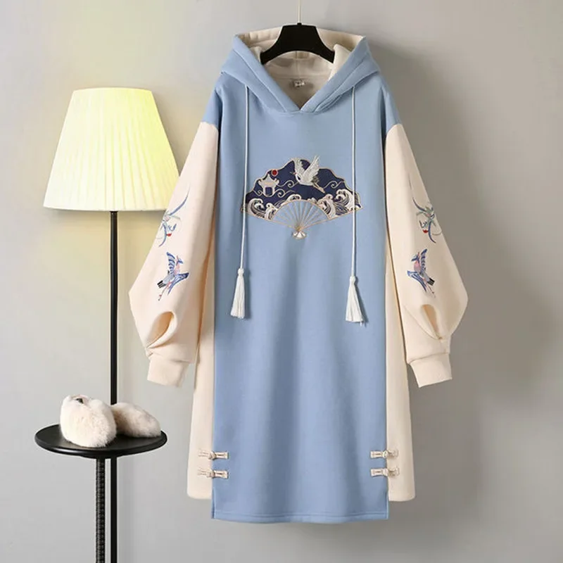 Dress Women\'s Spring Chinese Traditional Style Hanfu Cheongsam Improved Embroidered Tang Suit 2024 Hooded Sweatshirt Vestidos