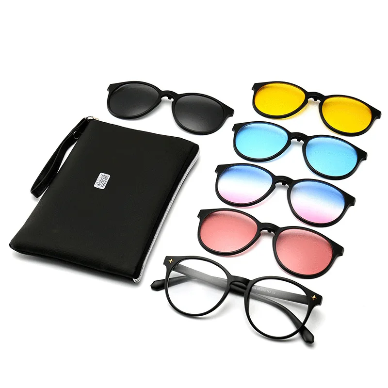 

6 In 1 Spectacle Frame Men Women With 5 PCS Clip On Polarized Sunglasses Magnetic Glasses Male Computer Optical 2201